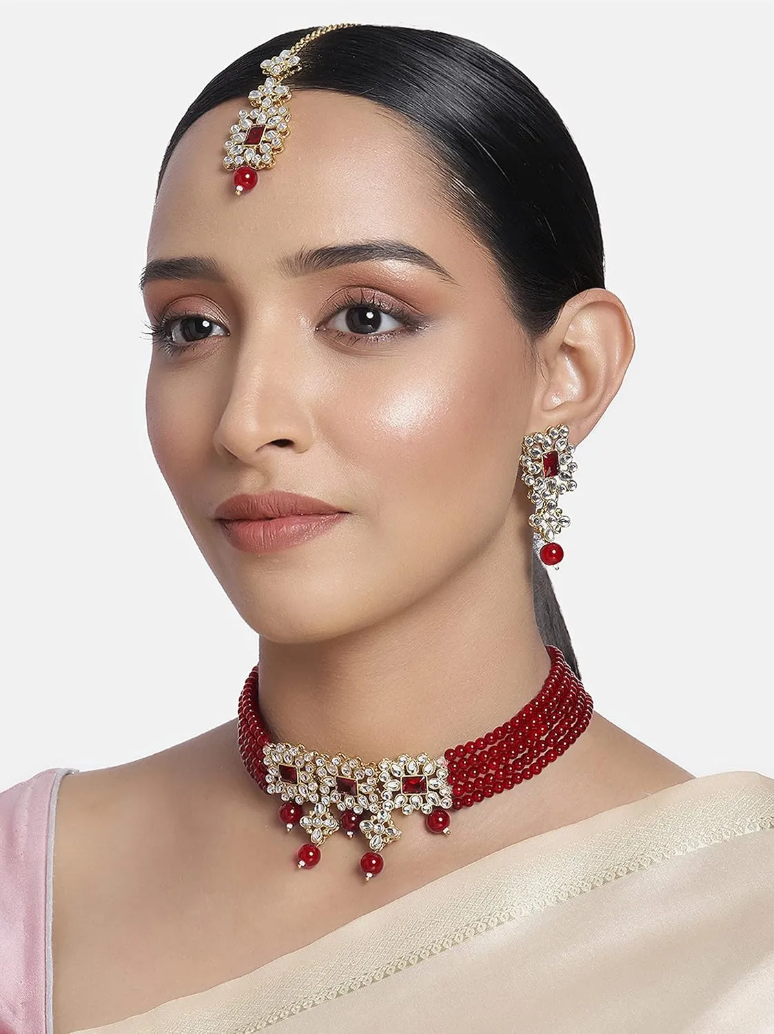 Aheli Ethnic Indian Necklace Earring Maang Tikka Set Traditional Bollywood Fashion Jewelry Gift for Women Blue