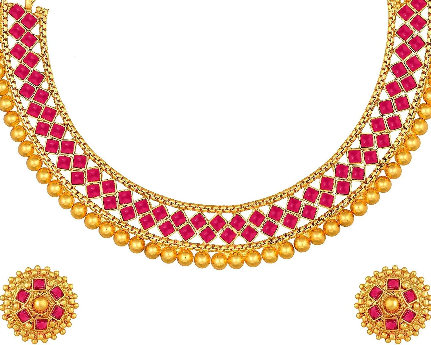 Aheli Ethnic Wedding Party Wear Gold Tone Faux Stone Studded Necklace with Stud Earrings Set Indian Bollywood Fashion Jewelry Gift for Women