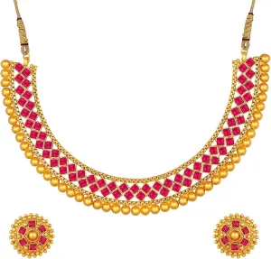 Aheli Ethnic Wedding Party Wear Gold Tone Faux Stone Studded Necklace with Stud Earrings Set Indian Bollywood Fashion Jewelry Gift for Women