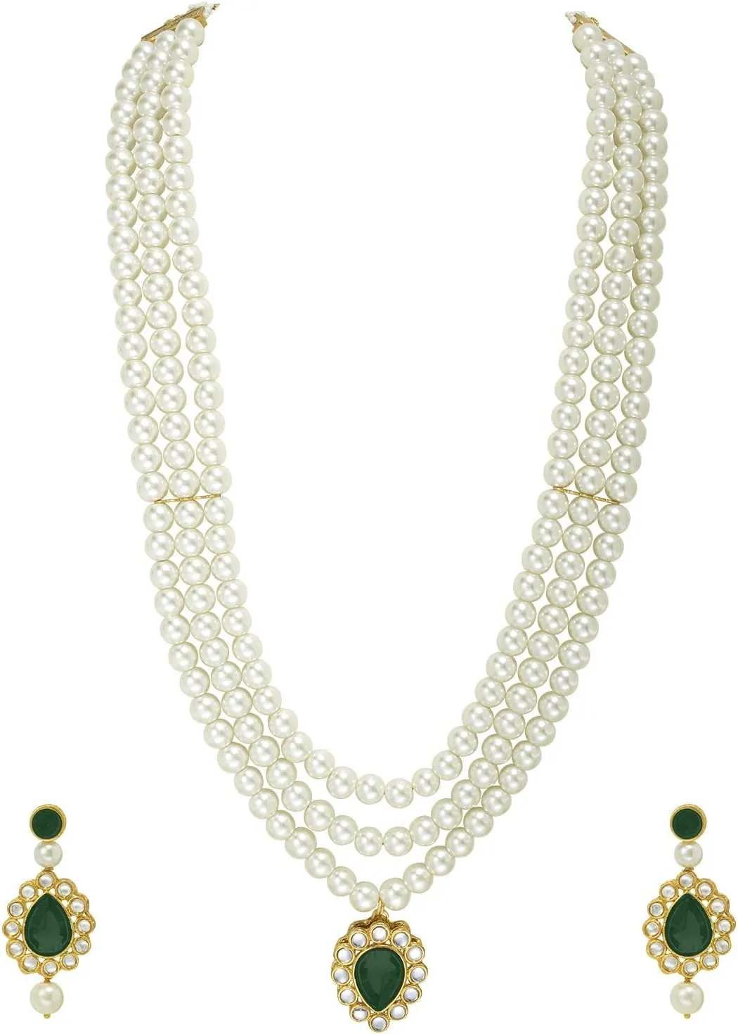 Aheli Faux Pearl Long Multi Layered Necklace with Pendant Earrings Set Indian Traditional Wedding Jewelry Gift for Women