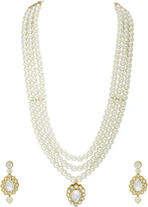Aheli Faux Pearl Long Multi Layered Necklace with Pendant Earrings Set Indian Traditional Wedding Jewelry Gift for Women