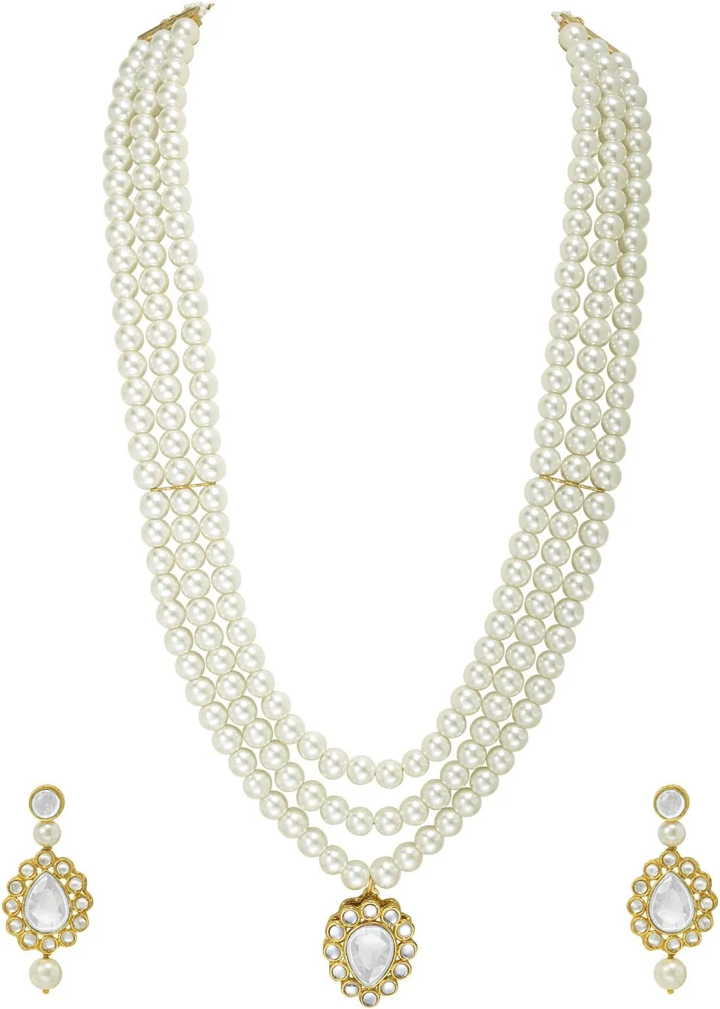 Aheli Faux Pearl Long Multi Layered Necklace with Pendant Earrings Set Indian Traditional Wedding Jewelry Gift for Women