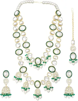 Aheli Gold Plated Green Kundan Studded Ethnic Choker Necklace Jhumka Earrings Maangtikka Set Traditional Fancy Jewellery Gift for Women