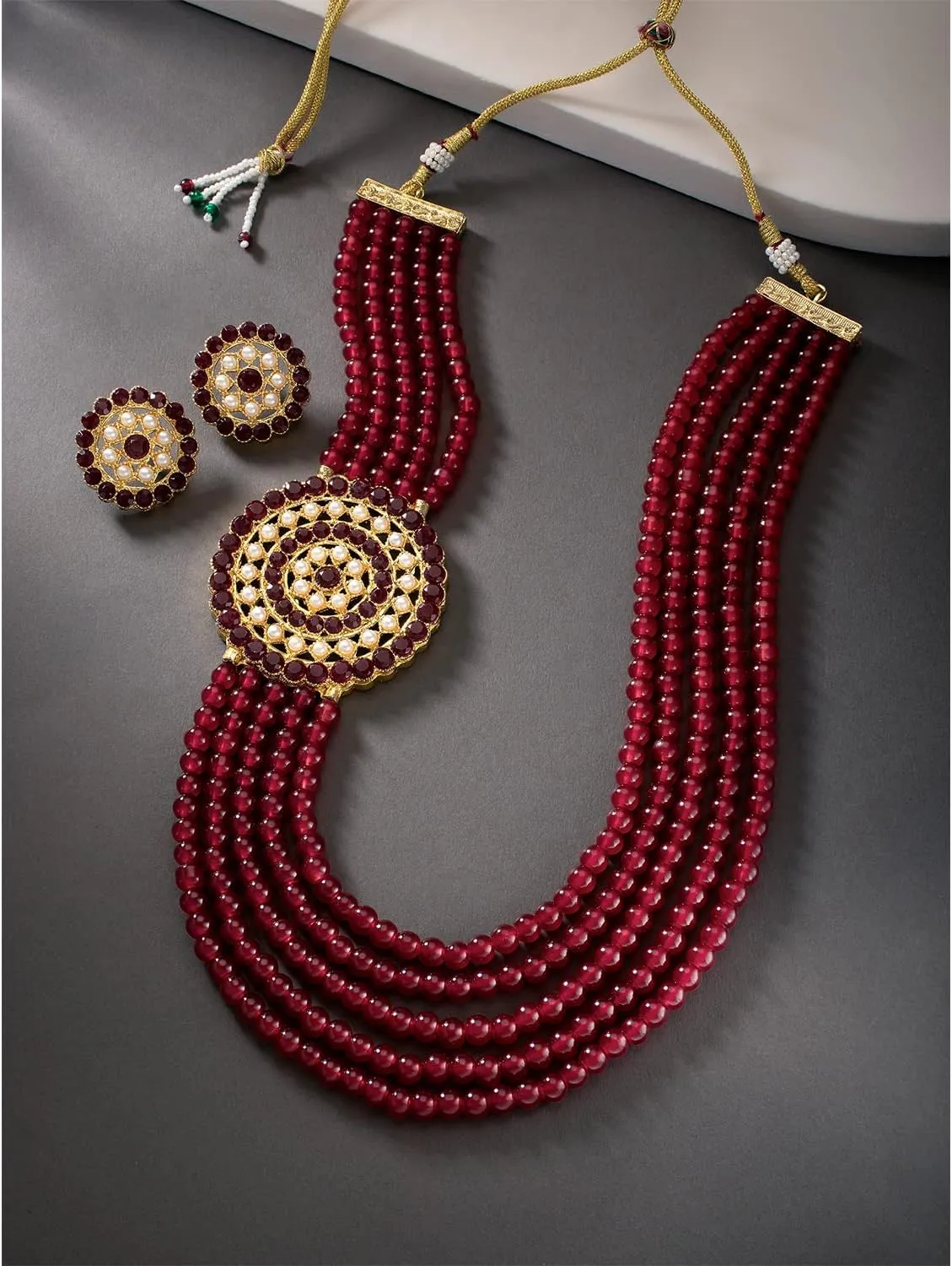 Aheli Gold Plated Traditional 5 Layer Green Kundan Pearl Long Necklace Earrings Jewelry Set Gift for Women