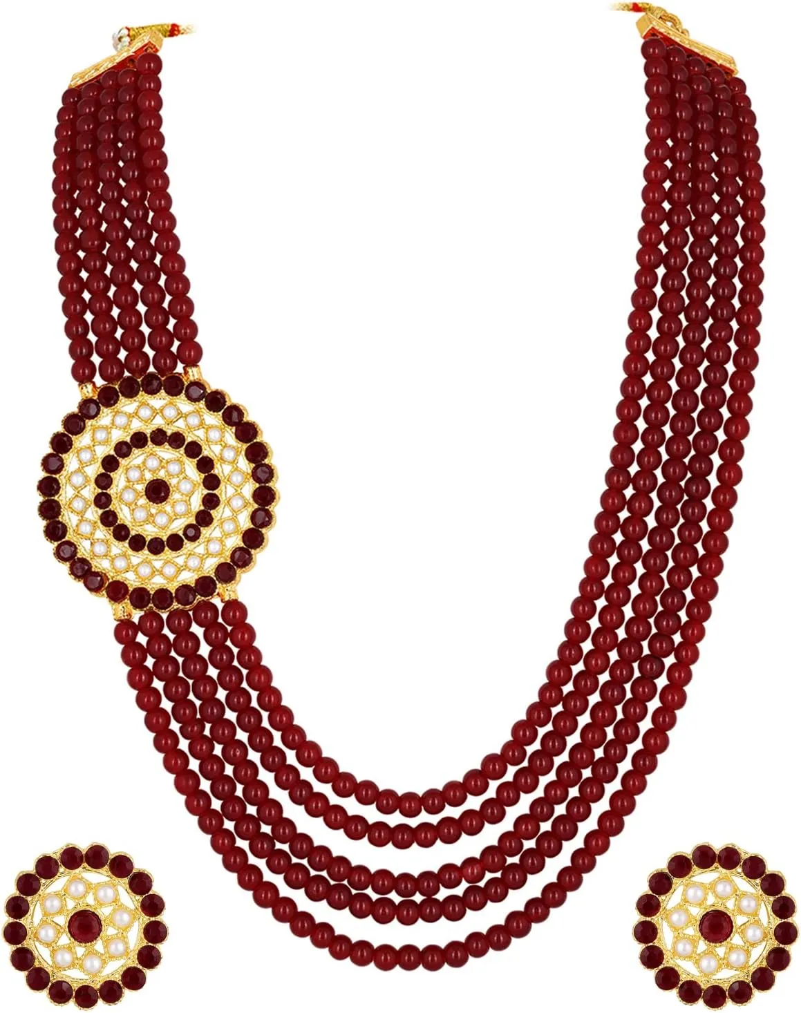 Aheli Gold Plated Traditional 5 Layer Green Kundan Pearl Long Necklace Earrings Jewelry Set Gift for Women