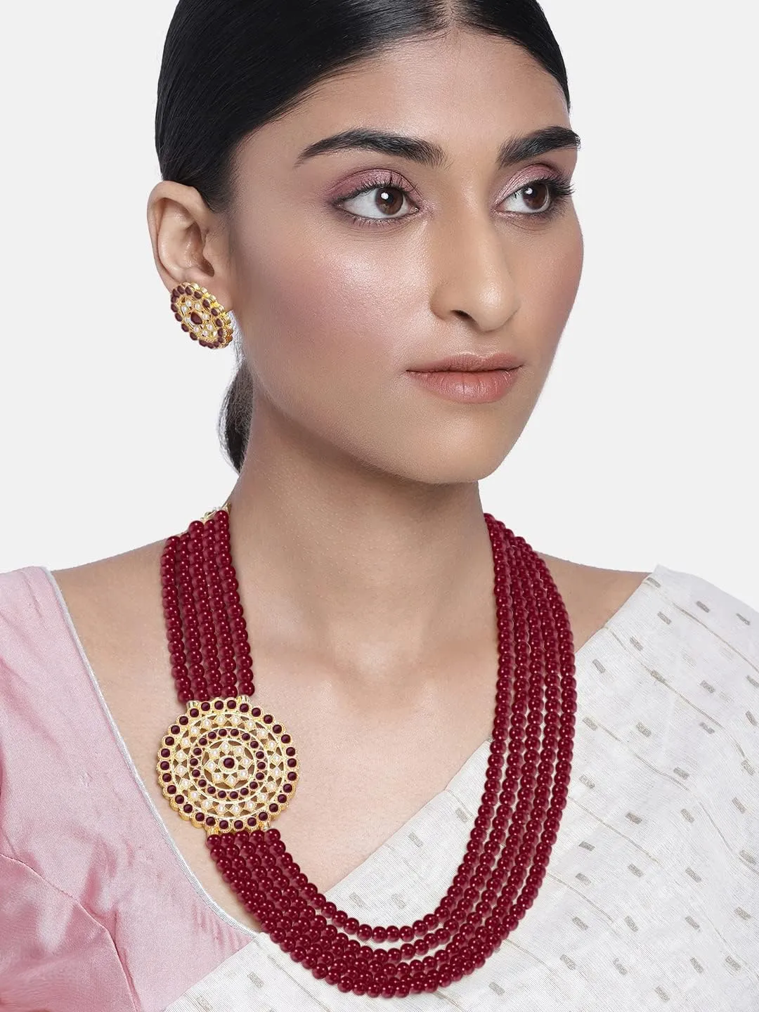 Aheli Gold Plated Traditional 5 Layer Green Kundan Pearl Long Necklace Earrings Jewelry Set Gift for Women