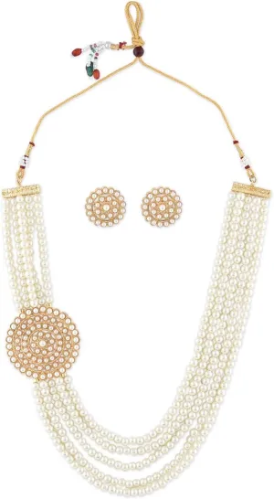 Aheli Gold Plated Traditional 5 Layer Green Kundan Pearl Long Necklace Earrings Jewelry Set Gift for Women