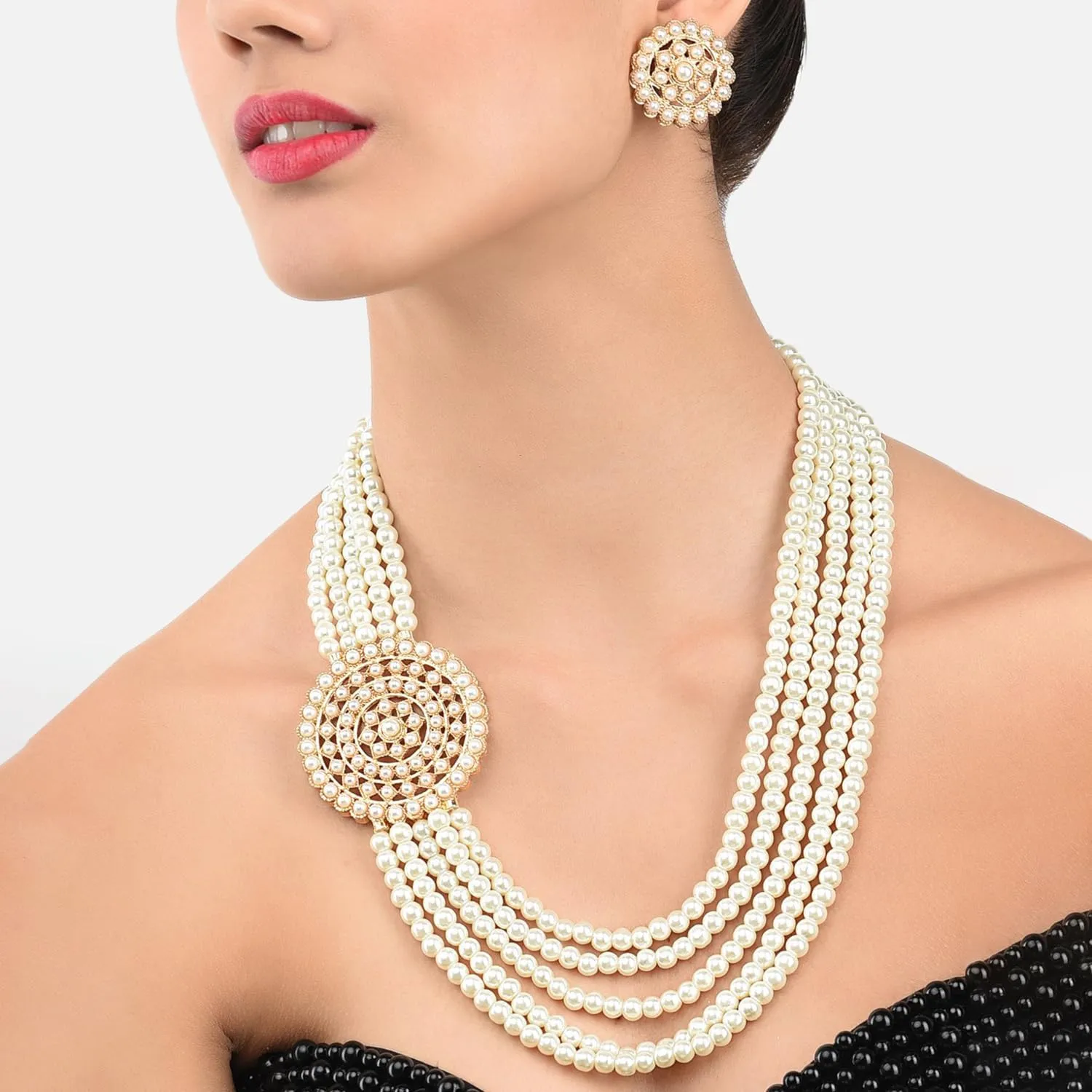 Aheli Gold Plated Traditional 5 Layer Green Kundan Pearl Long Necklace Earrings Jewelry Set Gift for Women