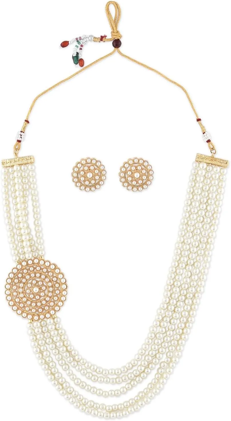 Aheli Gold Plated Traditional 5 Layer Green Kundan Pearl Long Necklace Earrings Jewelry Set Gift for Women