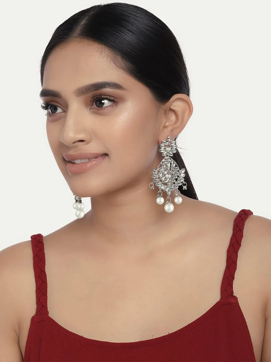 Aheli Indian Chandelier Pearl Beaded Dangle Big Earrings Ethnic Wear Bollywood Style Perfect for Wedding, Party Fashion Jewelry Gift for Women