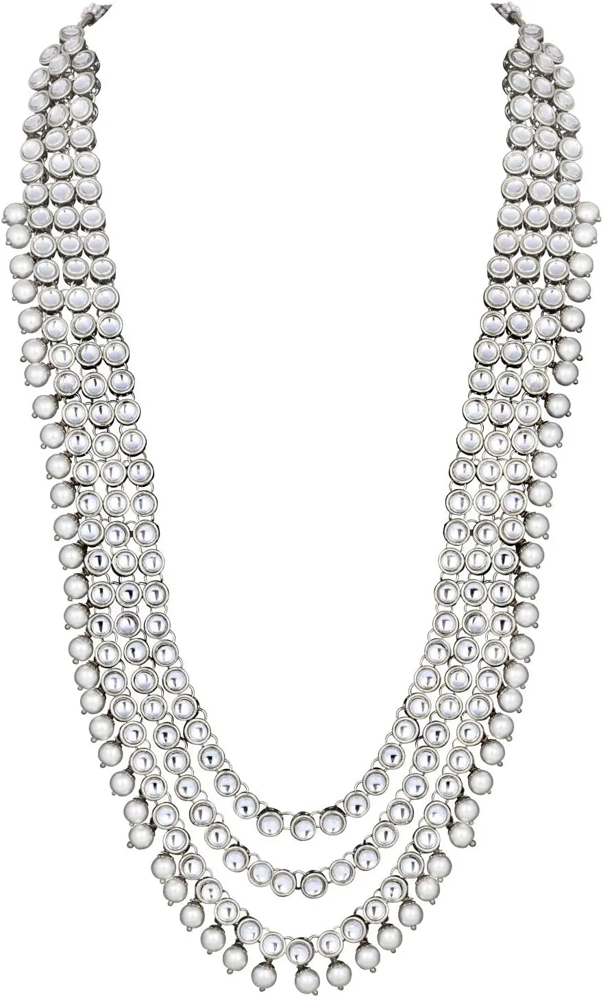 Aheli Indian Ethnic Wedding Faux Kundan Beaded Bridal Long Necklace Earrings with Maang Tikka Traditional Jewellery Set Gift for Women