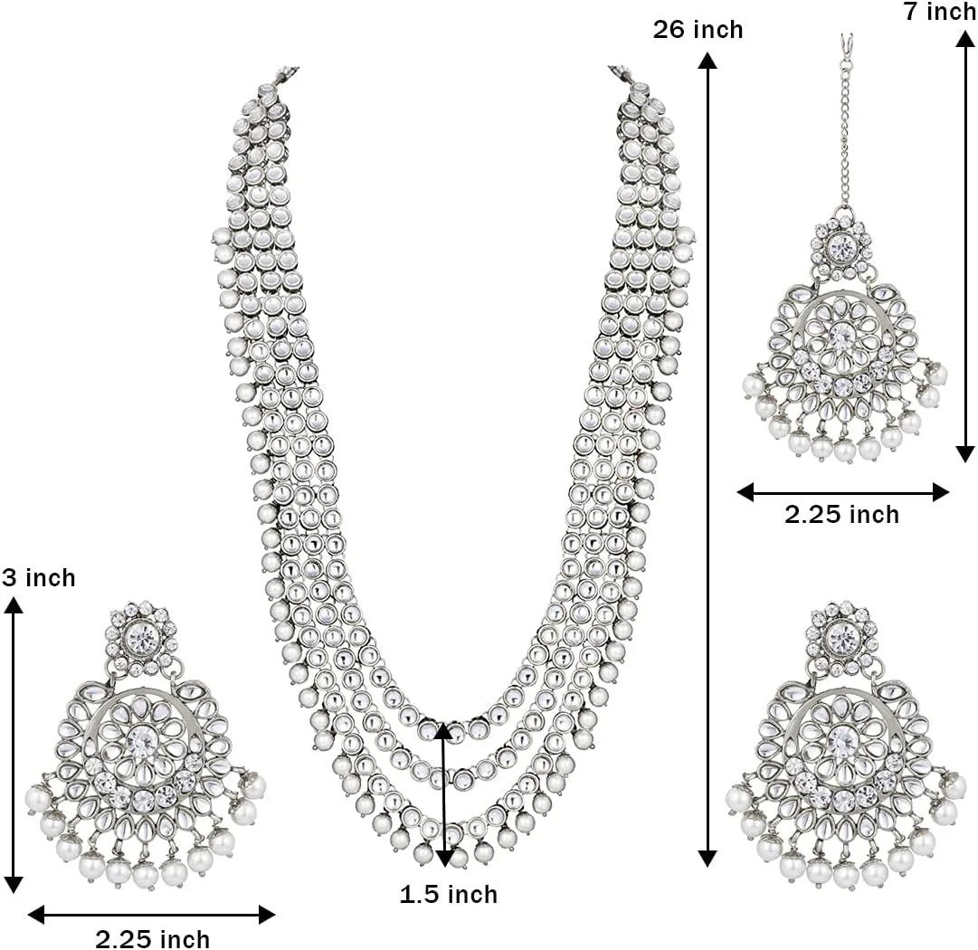 Aheli Indian Ethnic Wedding Faux Kundan Beaded Bridal Long Necklace Earrings with Maang Tikka Traditional Jewellery Set Gift for Women