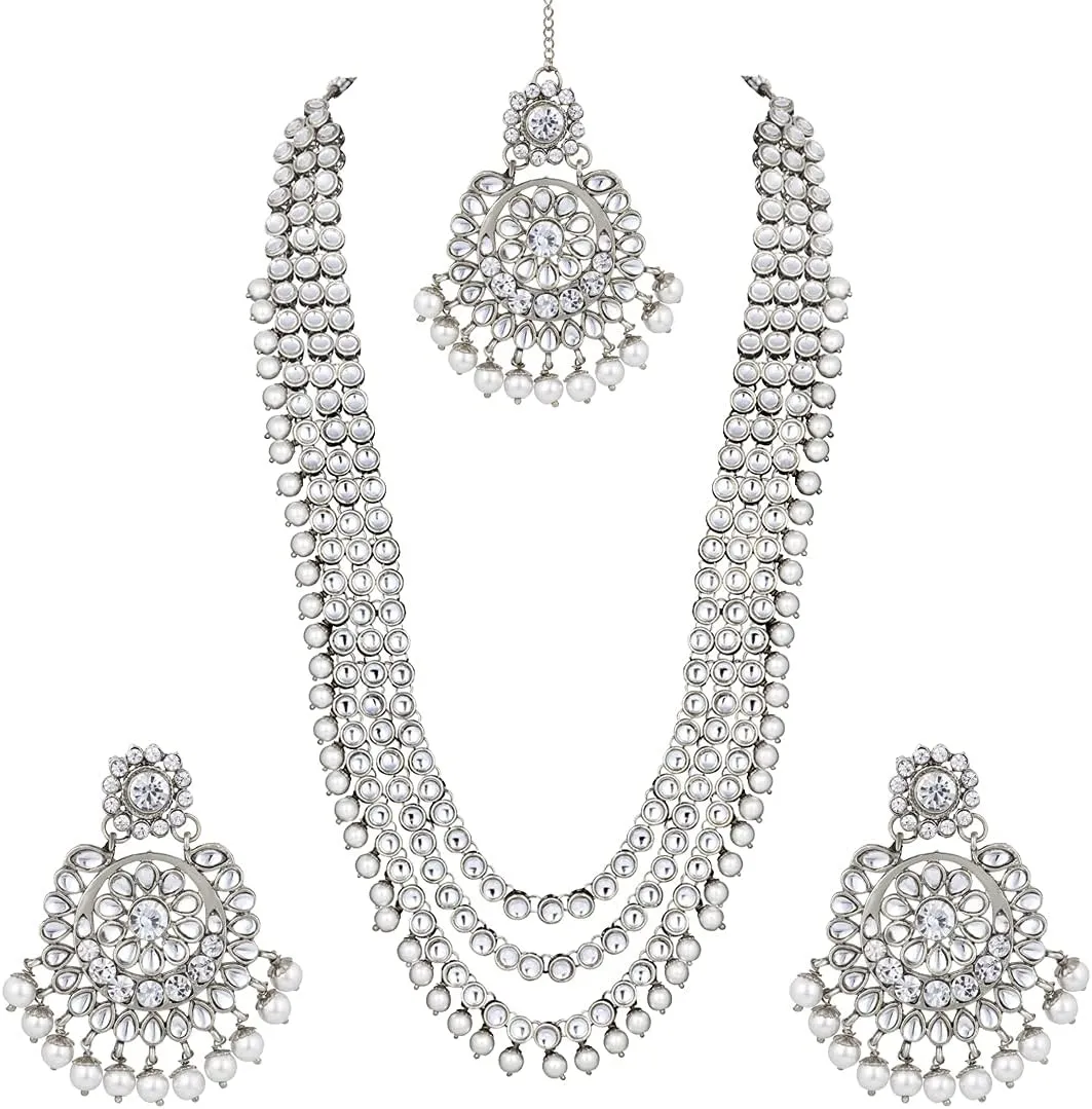 Aheli Indian Ethnic Wedding Faux Kundan Beaded Bridal Long Necklace Earrings with Maang Tikka Traditional Jewellery Set Gift for Women