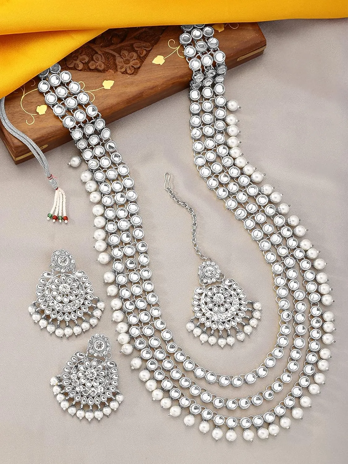 Aheli Indian Ethnic Wedding Faux Kundan Beaded Bridal Long Necklace Earrings with Maang Tikka Traditional Jewellery Set Gift for Women