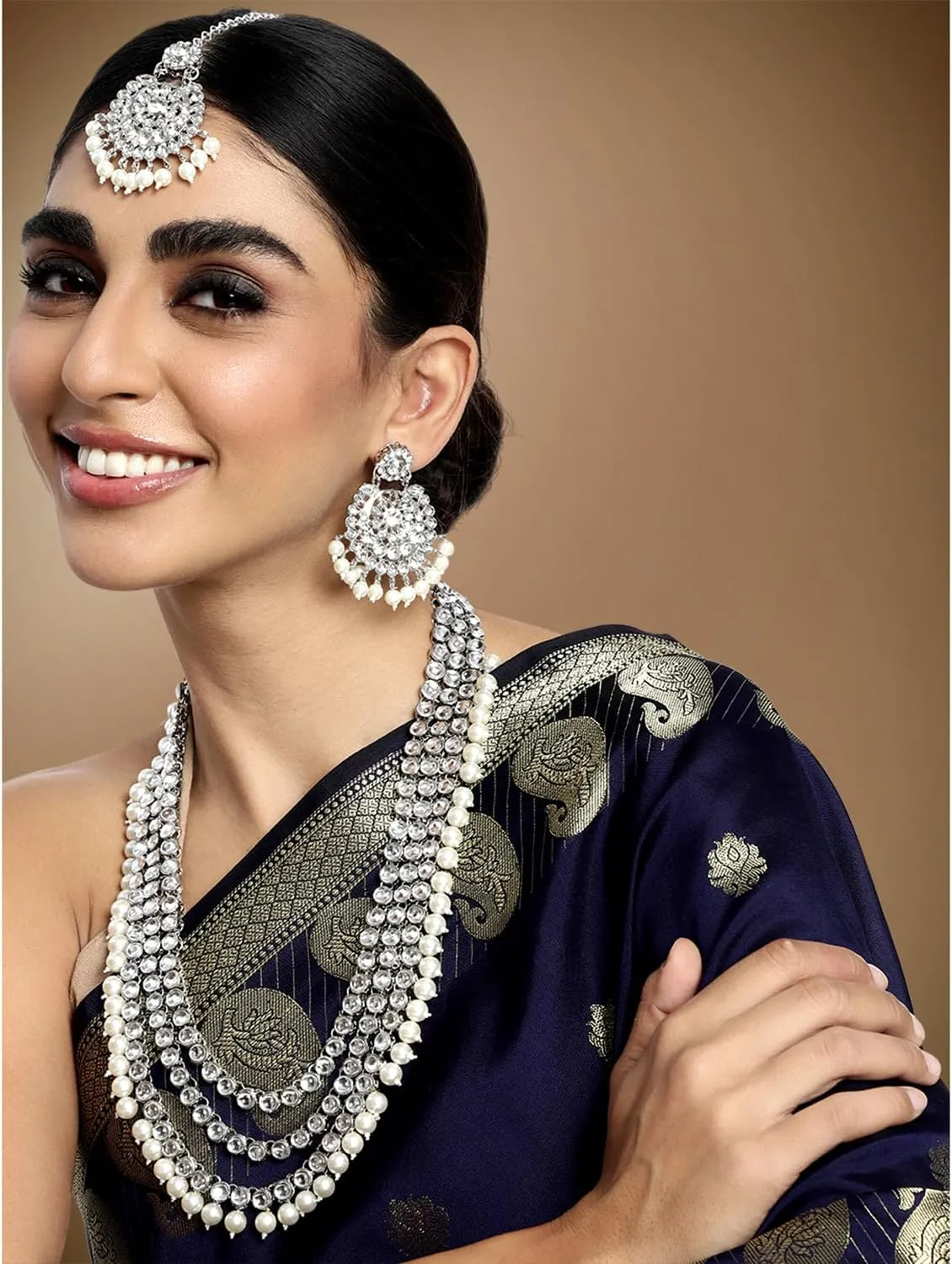 Aheli Indian Ethnic Wedding Faux Kundan Beaded Bridal Long Necklace Earrings with Maang Tikka Traditional Jewellery Set Gift for Women