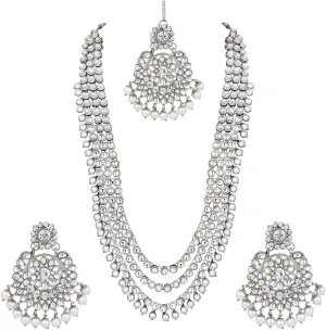 Aheli Indian Ethnic Wedding Faux Kundan Beaded Bridal Long Necklace Earrings with Maang Tikka Traditional Jewellery Set Gift for Women