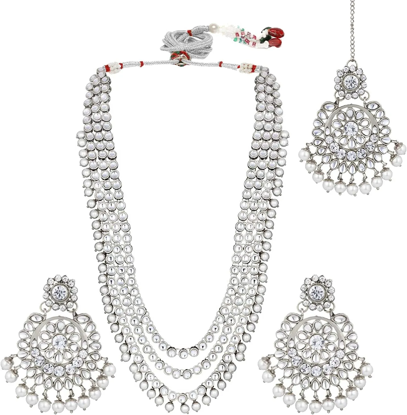 Aheli Indian Ethnic Wedding Faux Kundan Beaded Bridal Long Necklace Earrings with Maang Tikka Traditional Jewellery Set Gift for Women