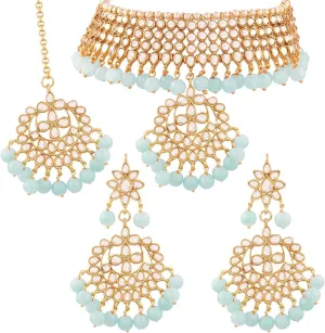 Aheli Indian Traditional Maang Tikka with Kundan Necklace Earrings Set Ethnic Wedding Party Designer Jewelry Gift for Women