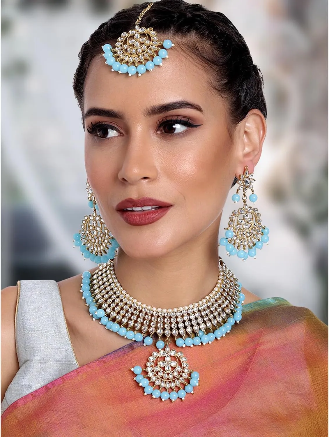 Aheli Indian Traditional Maang Tikka with Kundan Necklace Earrings Set Ethnic Wedding Party Designer Jewelry Gift for Women
