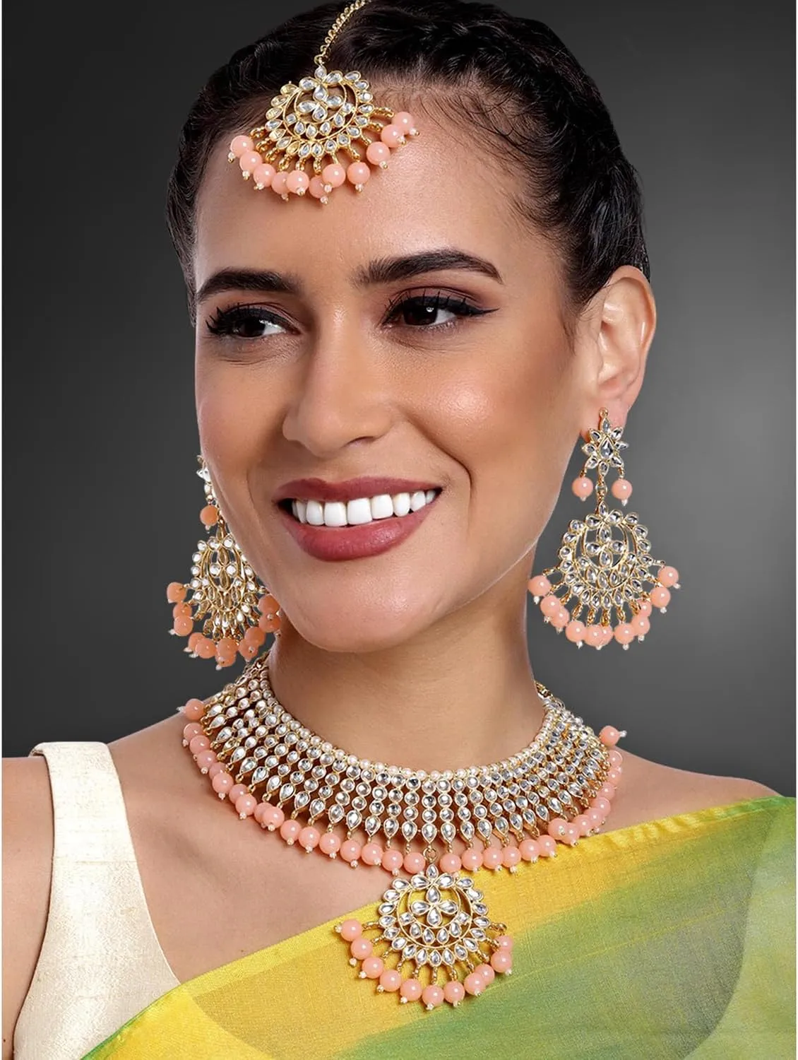 Aheli Indian Traditional Maang Tikka with Kundan Necklace Earrings Set Ethnic Wedding Party Designer Jewelry Gift for Women
