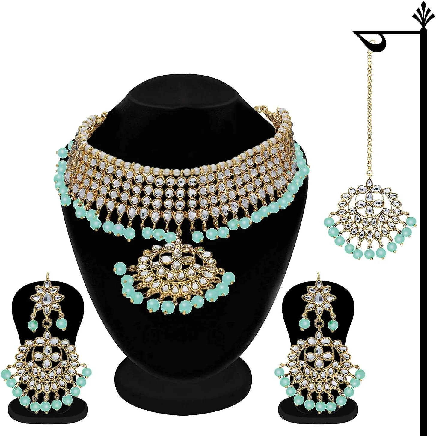 Aheli Indian Traditional Maang Tikka with Kundan Necklace Earrings Set Ethnic Wedding Party Designer Jewelry Gift for Women