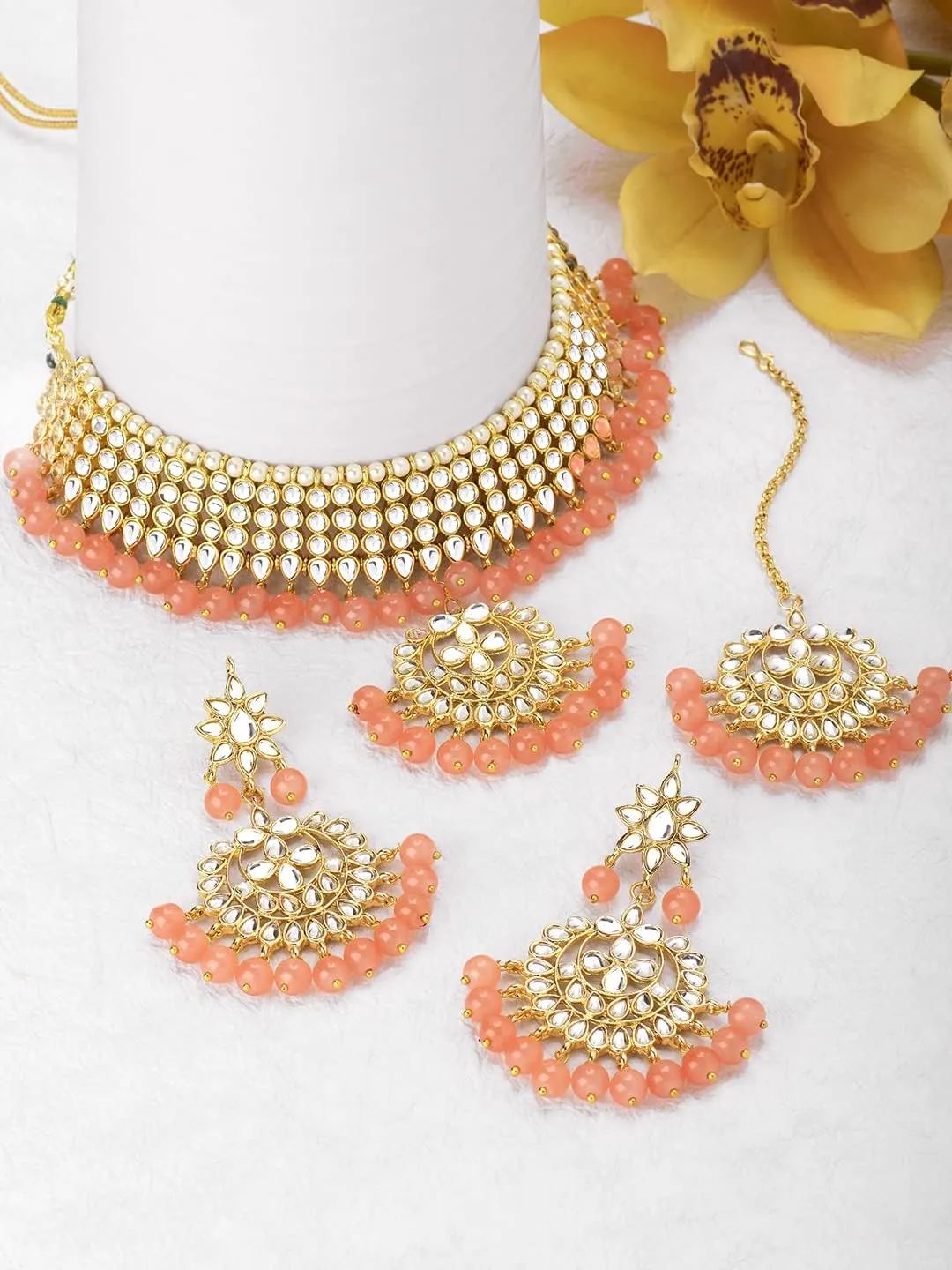 Aheli Indian Traditional Maang Tikka with Kundan Necklace Earrings Set Ethnic Wedding Party Designer Jewelry Gift for Women