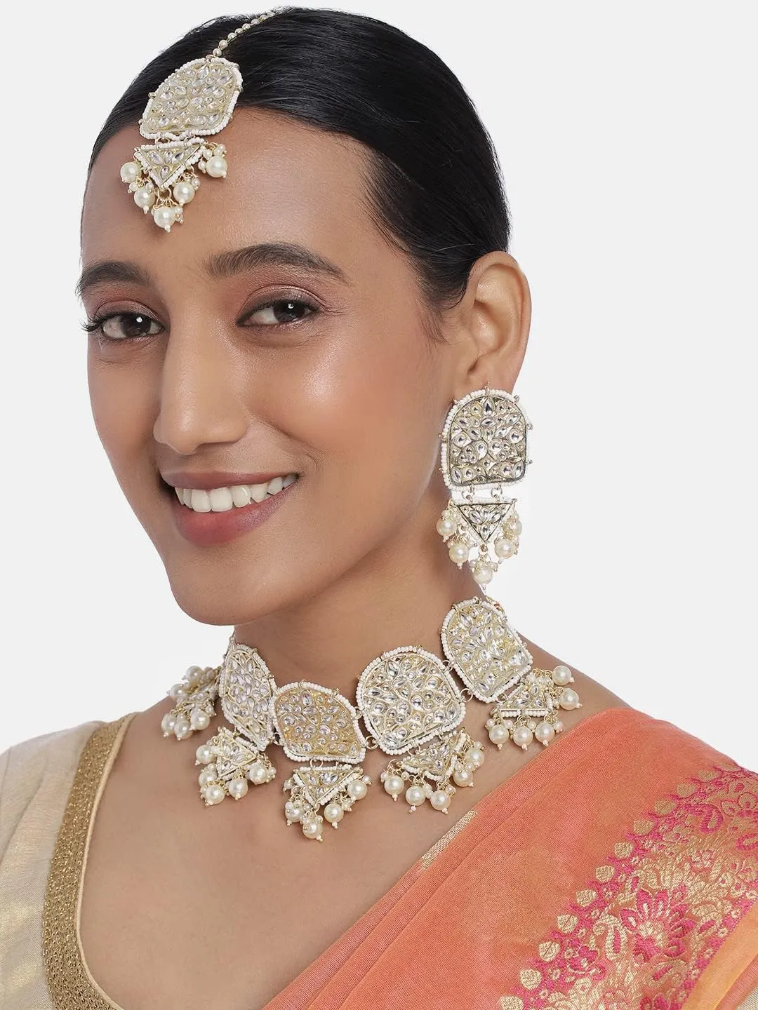 Aheli Indian Traditional Wedding Faux Kundan Pearls Choker Necklace Earrings Maang Tikka Set Gift for Women Ethnic Fashion Jewelry Kundan Pearl Drop