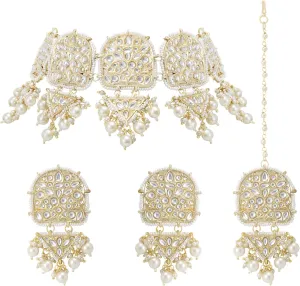 Aheli Indian Traditional Wedding Faux Kundan Pearls Choker Necklace Earrings Maang Tikka Set Gift for Women Ethnic Fashion Jewelry Kundan Pearl Drop
