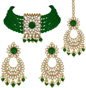 Aheli Jodha Akbar Faux Kundan Faux Pearl Choker Necklace with Earring Maang Tikka Indian Traditional Bollywood Bridal Jewelry Set Gift for Women
