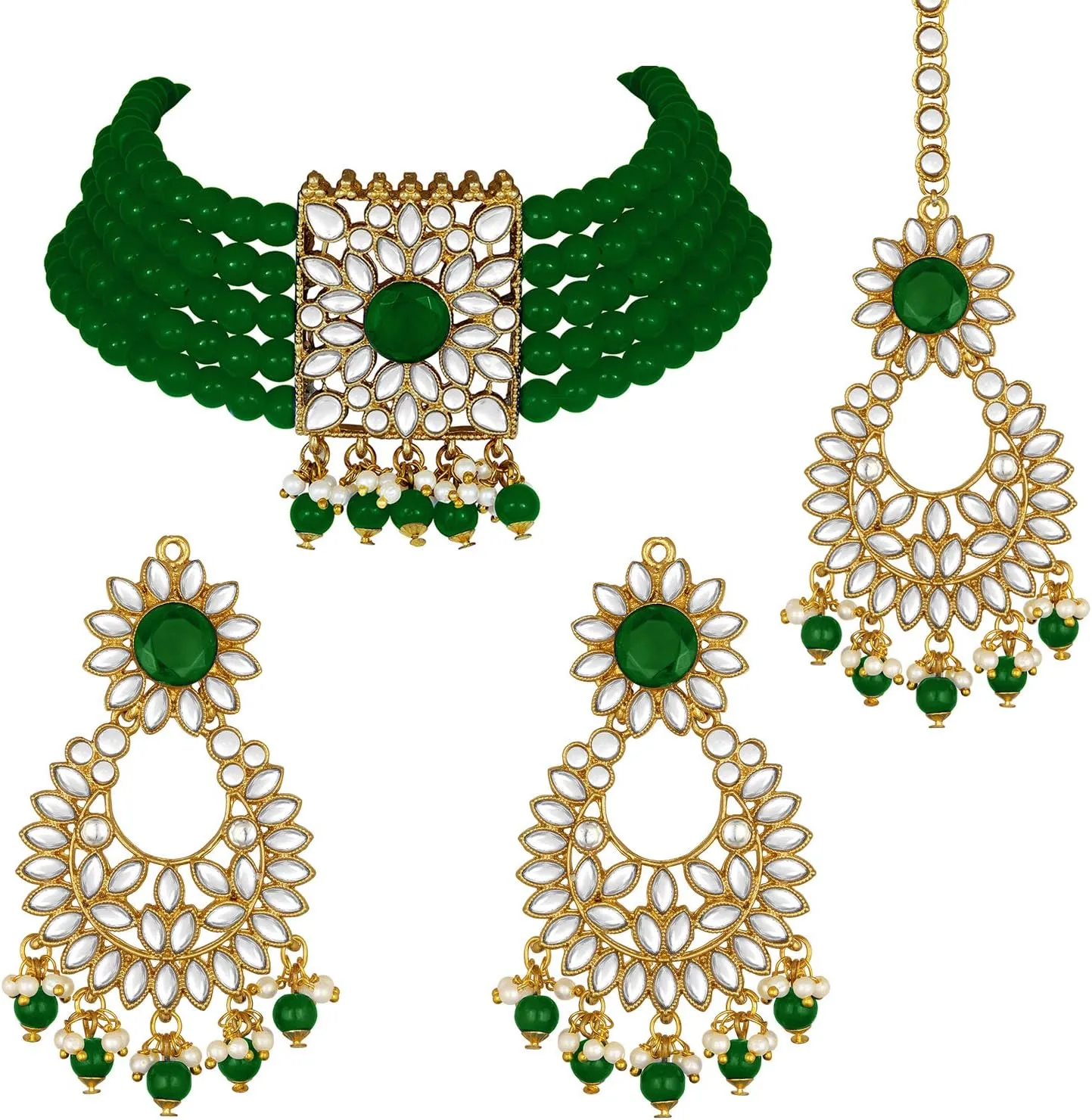 Aheli Jodha Akbar Faux Kundan Faux Pearl Choker Necklace with Earring Maang Tikka Indian Traditional Bollywood Bridal Jewelry Set Gift for Women