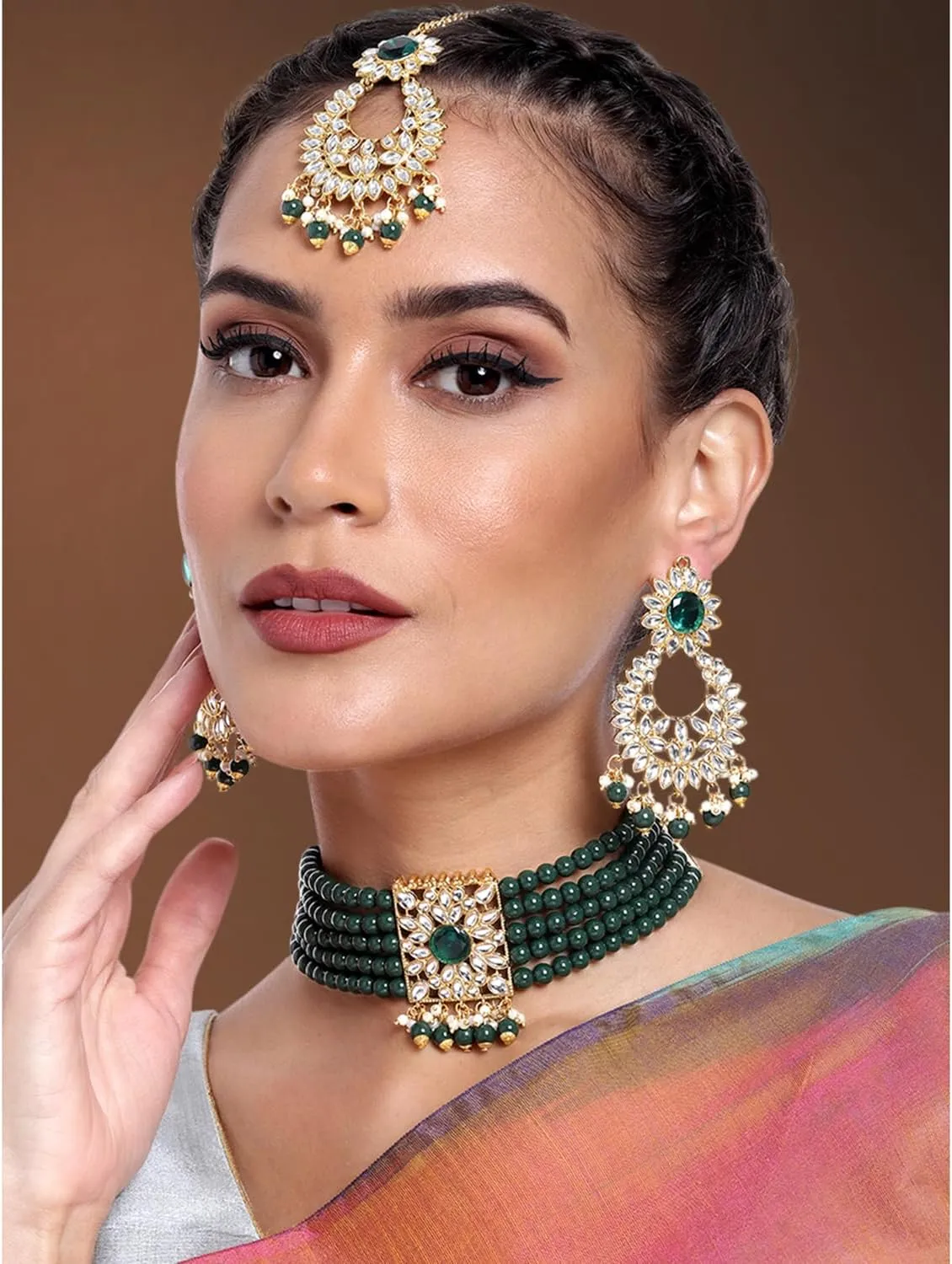 Aheli Jodha Akbar Faux Kundan Faux Pearl Choker Necklace with Earring Maang Tikka Indian Traditional Bollywood Bridal Jewelry Set Gift for Women