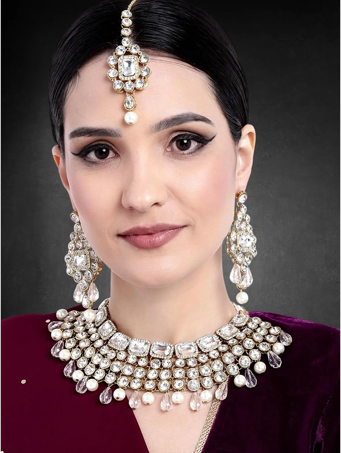 Aheli Kundan and Simulated Colored Stones Indian Ethnic Maang Tikka Necklace and Earrings Set Bollywood Festive Statement Jewelry Gift for Women