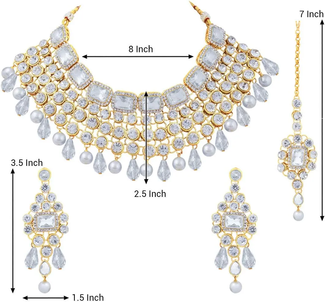 Aheli Kundan and Simulated Colored Stones Indian Ethnic Maang Tikka Necklace and Earrings Set Bollywood Festive Statement Jewelry Gift for Women