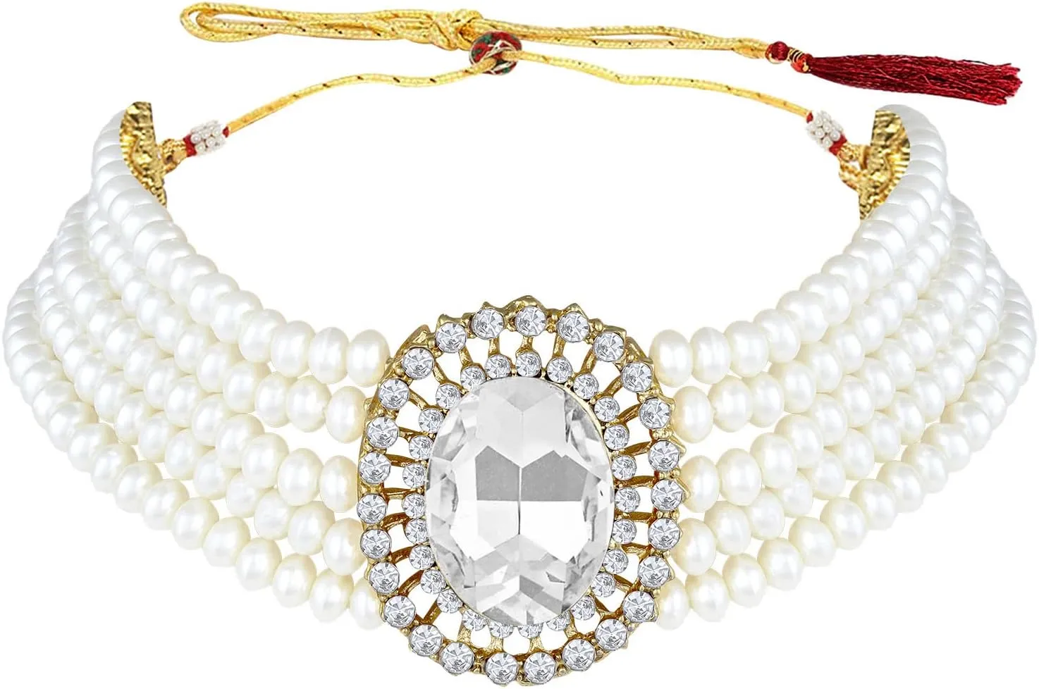Aheli Kundan Pearl Choker Multi Layered Beaded Necklace Earrings Set Indian Traditional Wedding Jewelry Gift for Women