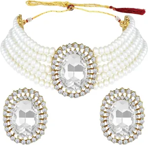 Aheli Kundan Pearl Choker Multi Layered Beaded Necklace Earrings Set Indian Traditional Wedding Jewelry Gift for Women