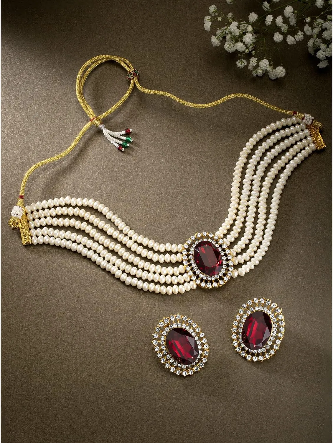 Aheli Kundan Pearl Choker Multi Layered Beaded Necklace Earrings Set Indian Traditional Wedding Jewelry Gift for Women