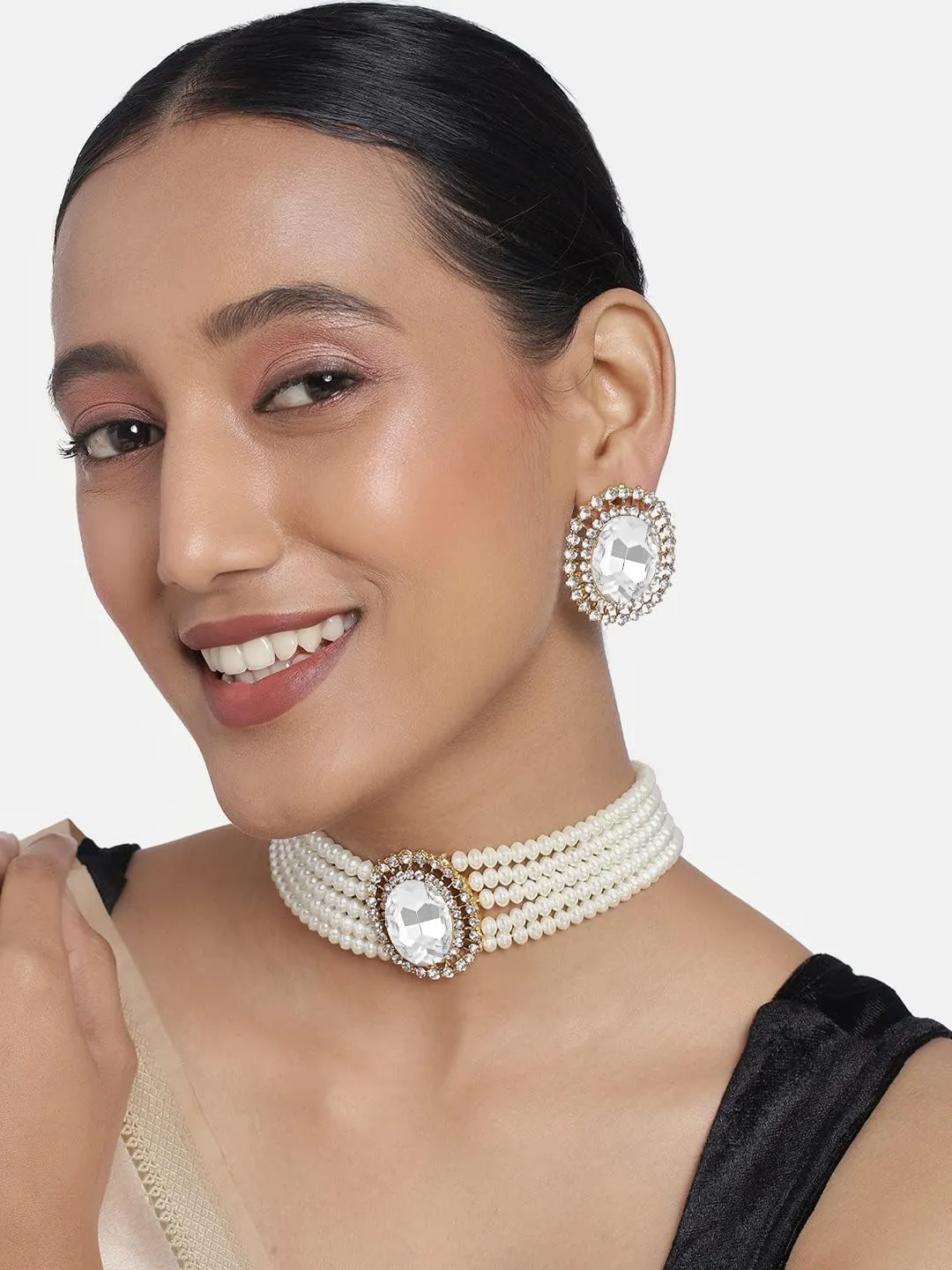 Aheli Kundan Pearl Choker Multi Layered Beaded Necklace Earrings Set Indian Traditional Wedding Jewelry Gift for Women