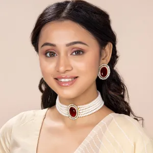Aheli Kundan Pearl Choker Multi Layered Beaded Necklace Earrings Set Indian Traditional Wedding Jewelry Gift for Women