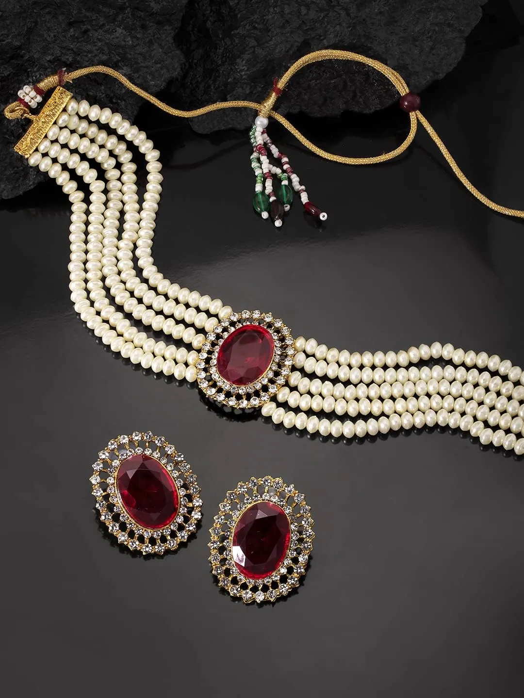 Aheli Kundan Pearl Choker Multi Layered Beaded Necklace Earrings Set Indian Traditional Wedding Jewelry Gift for Women