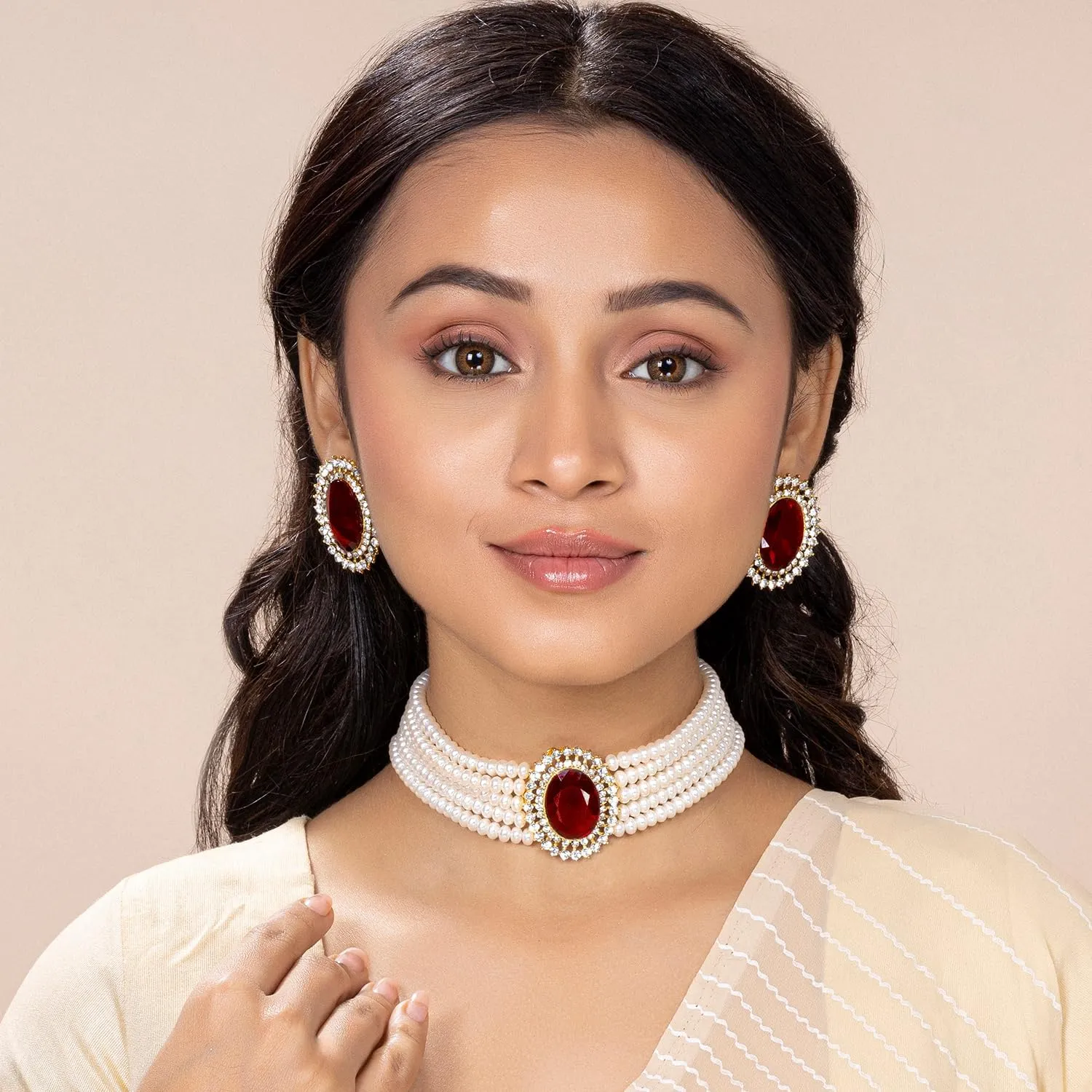 Aheli Kundan Pearl Choker Multi Layered Beaded Necklace Earrings Set Indian Traditional Wedding Jewelry Gift for Women