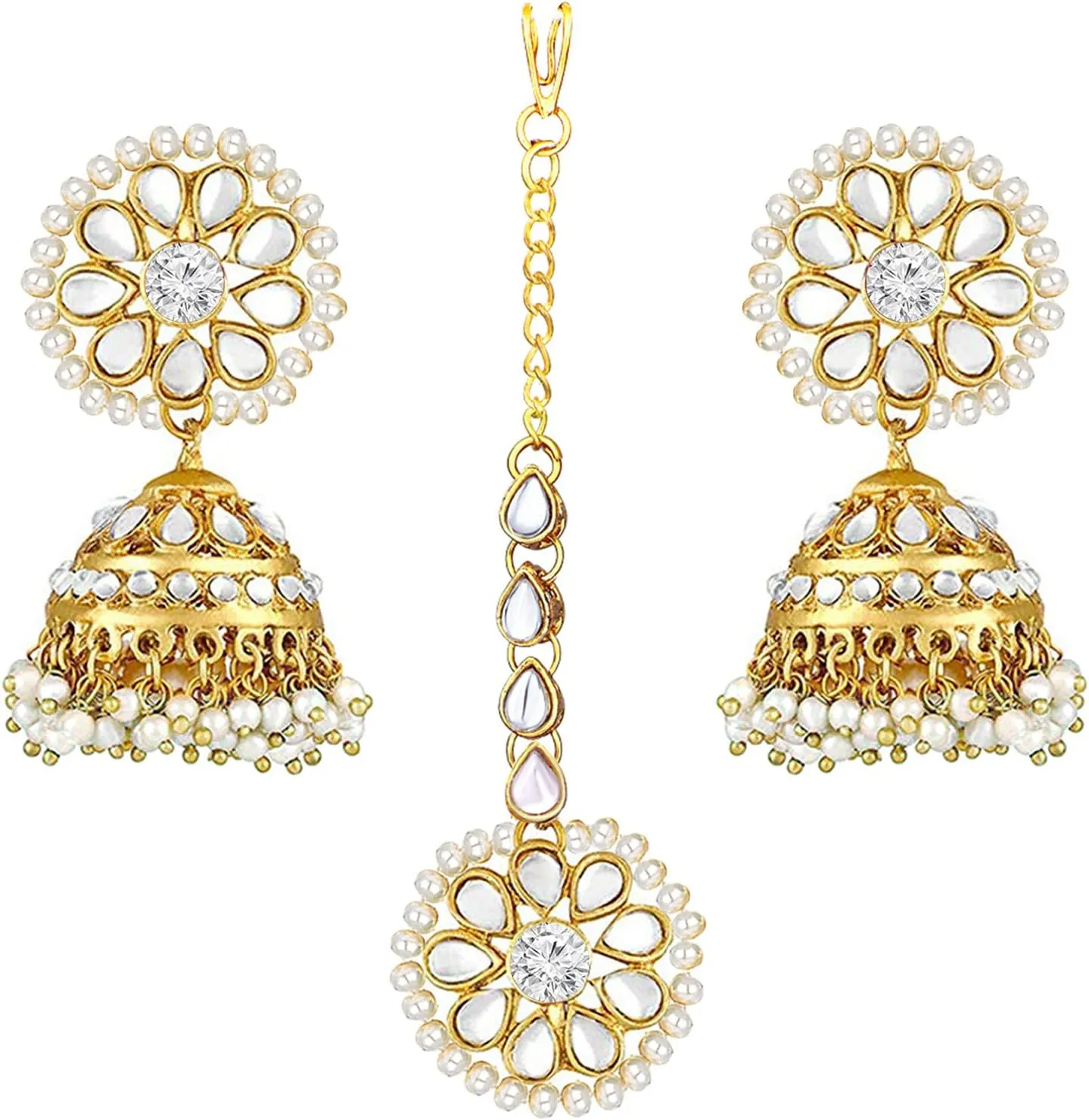Aheli Kundan Pearl Jhumki Earrings with Maang Tikka Indian Traditional Bollywood Fashion Jewelry Set Gift for Women