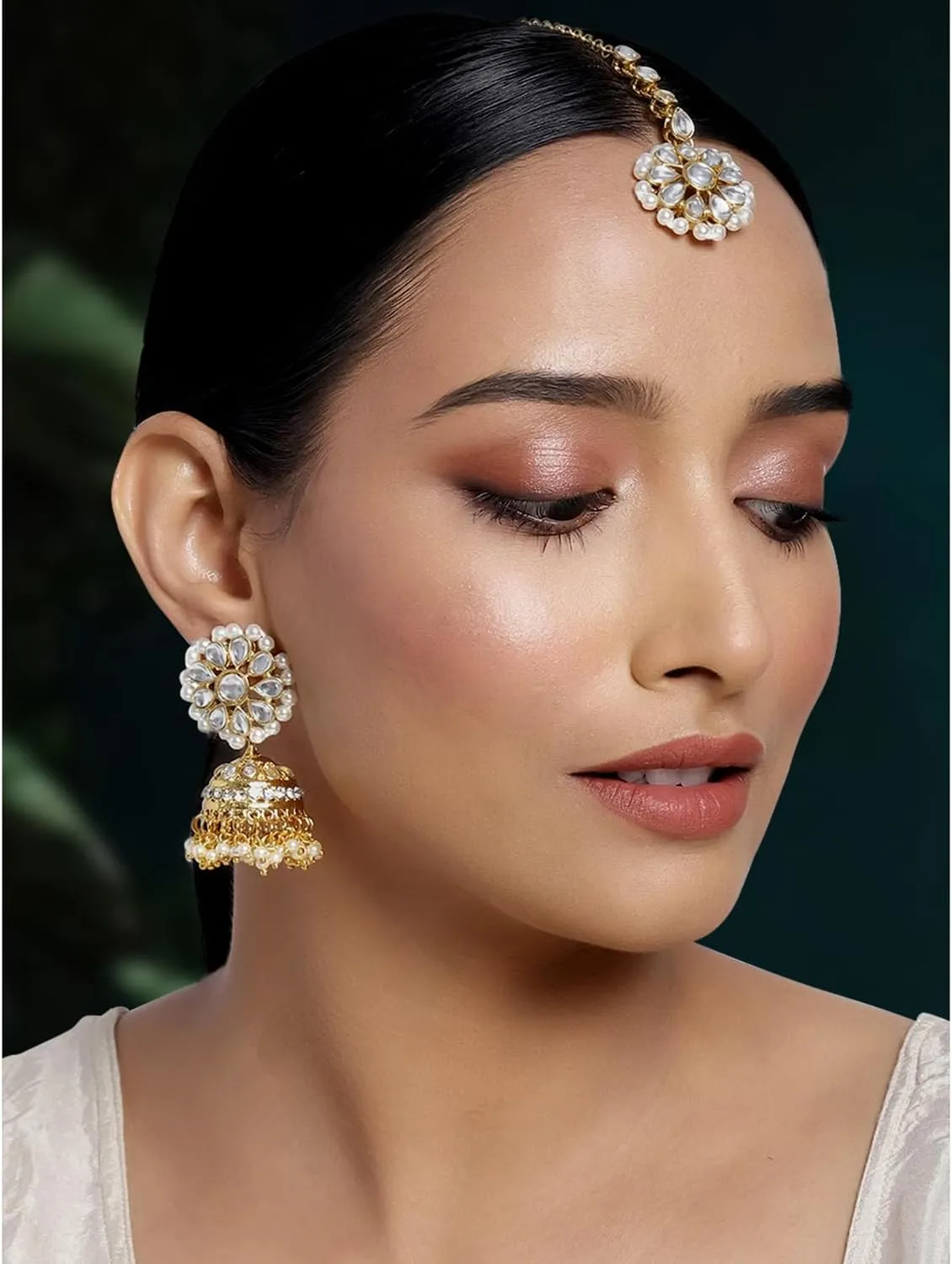 Aheli Kundan Pearl Jhumki Earrings with Maang Tikka Indian Traditional Bollywood Fashion Jewelry Set Gift for Women