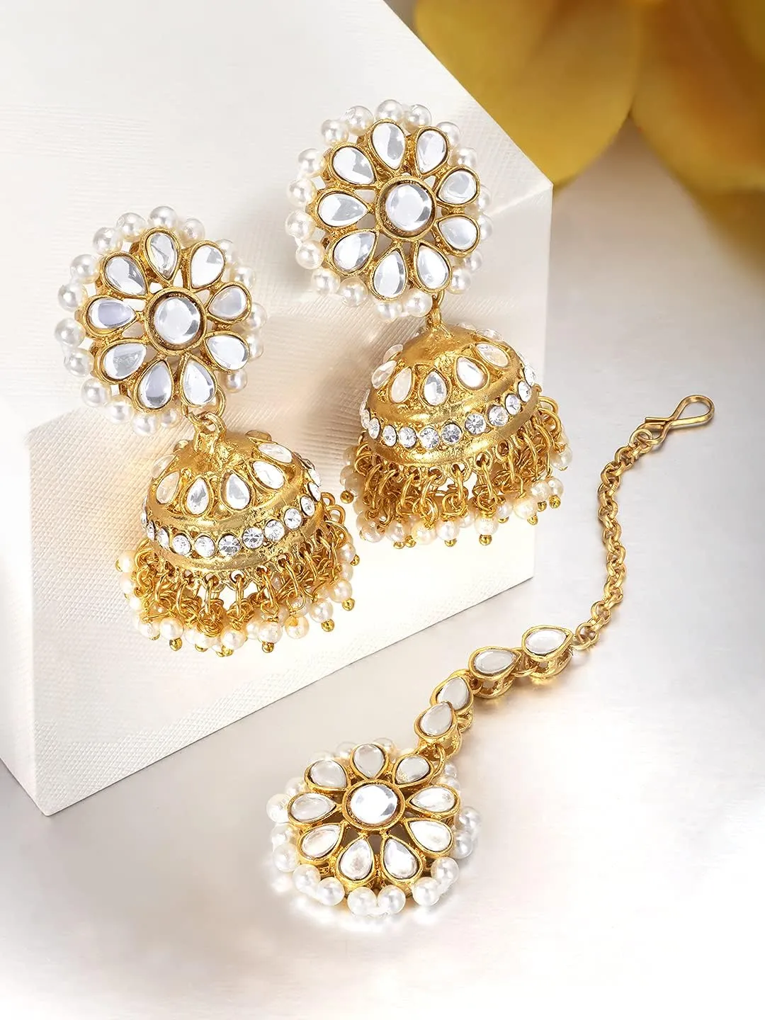 Aheli Kundan Pearl Jhumki Earrings with Maang Tikka Indian Traditional Bollywood Fashion Jewelry Set Gift for Women