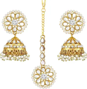 Aheli Kundan Pearl Jhumki Earrings with Maang Tikka Indian Traditional Bollywood Fashion Jewelry Set Gift for Women