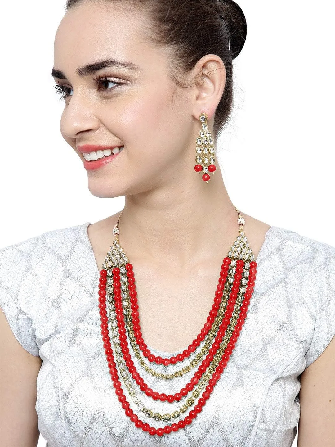 Aheli Kundan Pearl Long Multi Layered Necklace Earrings Set Indian Wedding Jewelry Gift for Women