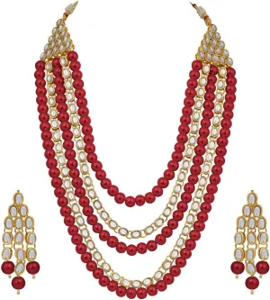 Aheli Kundan Pearl Long Multi Layered Necklace Earrings Set Indian Wedding Jewelry Gift for Women