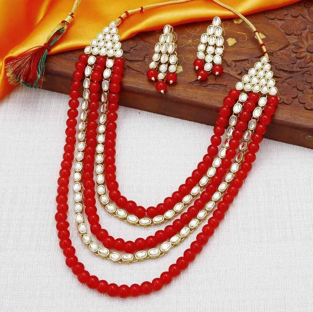Aheli Kundan Pearl Long Multi Layered Necklace Earrings Set Indian Wedding Jewelry Gift for Women