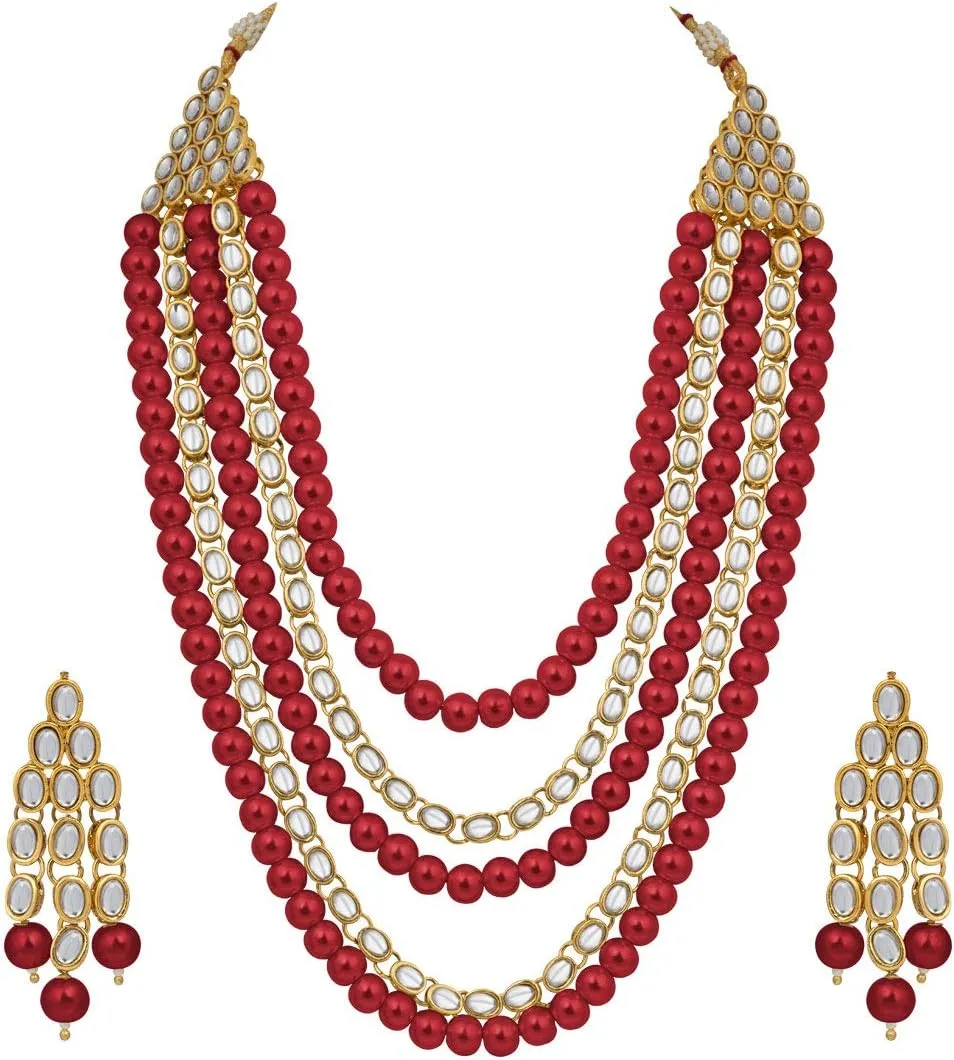 Aheli Kundan Pearl Long Multi Layered Necklace Earrings Set Indian Wedding Jewelry Gift for Women