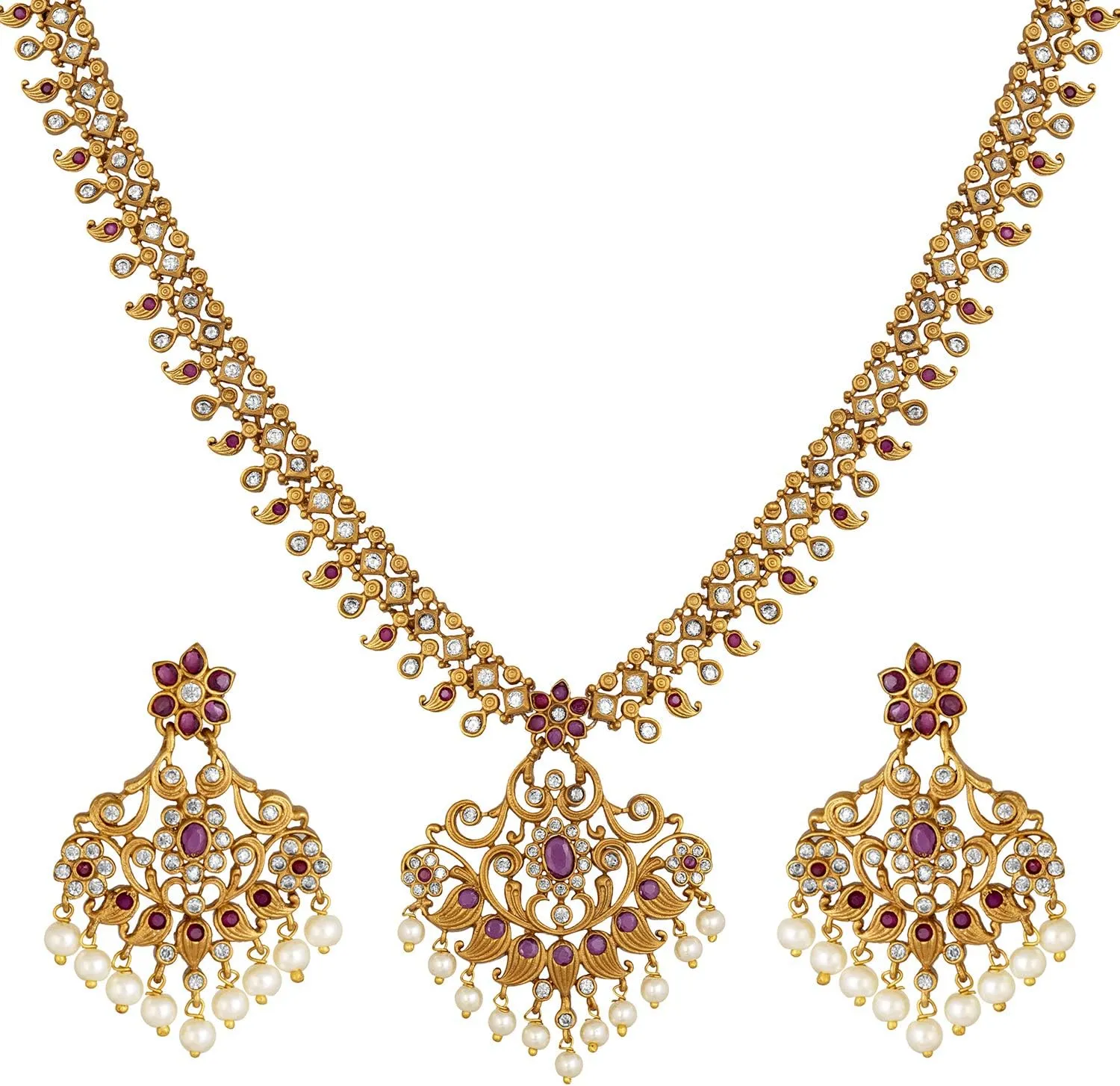 Aheli South Indian Traditional CZ Designer Necklace Earrings Bollywood Ethnic Wedding Jewelry Set Gift for Women Stimulated Stone Red