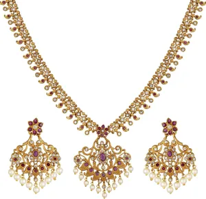 Aheli South Indian Traditional CZ Designer Necklace Earrings Bollywood Ethnic Wedding Jewelry Set Gift for Women Stimulated Stone Red